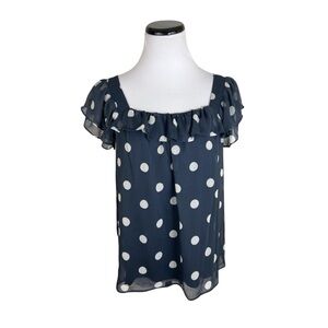 NWOT LC Lauren Conrad Polka Dot Square Neck Ruffle Blouse Top Navy White Size XS